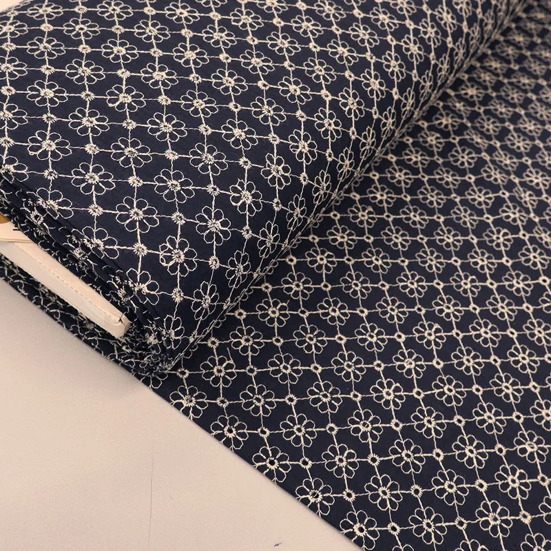 Cotton Broderie Anglaise - Navy - White Flower Lines