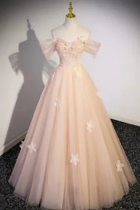 Cute Flowers Evening Dress Tulle Long Formal Dresses, Off Shoulder Evening Dresses