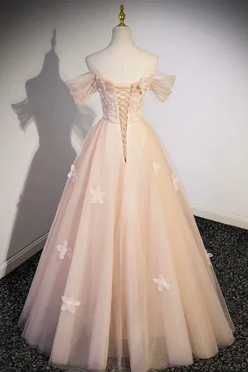Cute Flowers Evening Dress Tulle Long Formal Dresses, Off Shoulder Evening Dresses