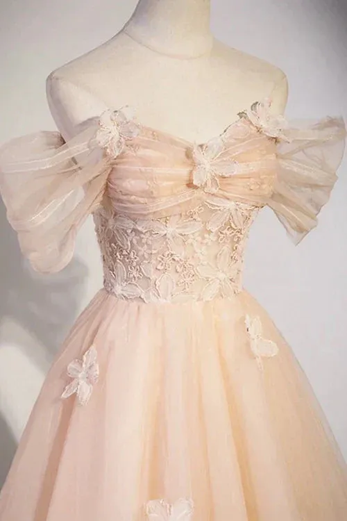 Cute Flowers Evening Dress Tulle Long Formal Dresses, Off Shoulder Evening Dresses