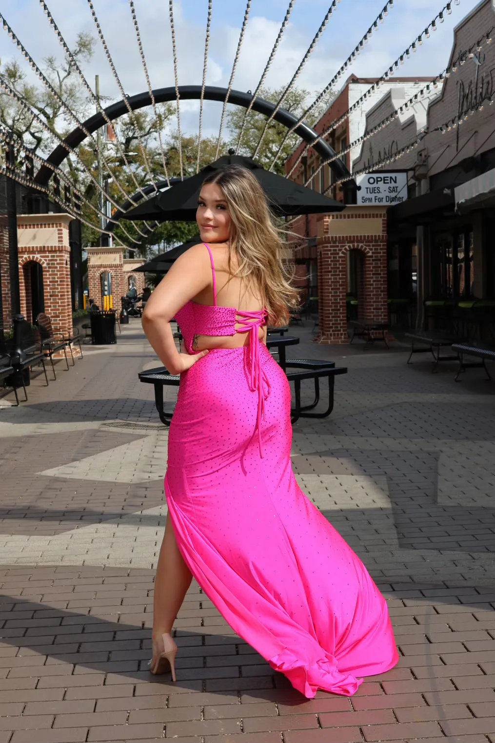 Declynn Stretch Satin Gown W/Hotstone Detail & Keyhole