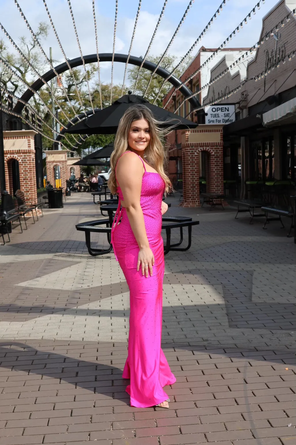 Declynn Stretch Satin Gown W/Hotstone Detail & Keyhole
