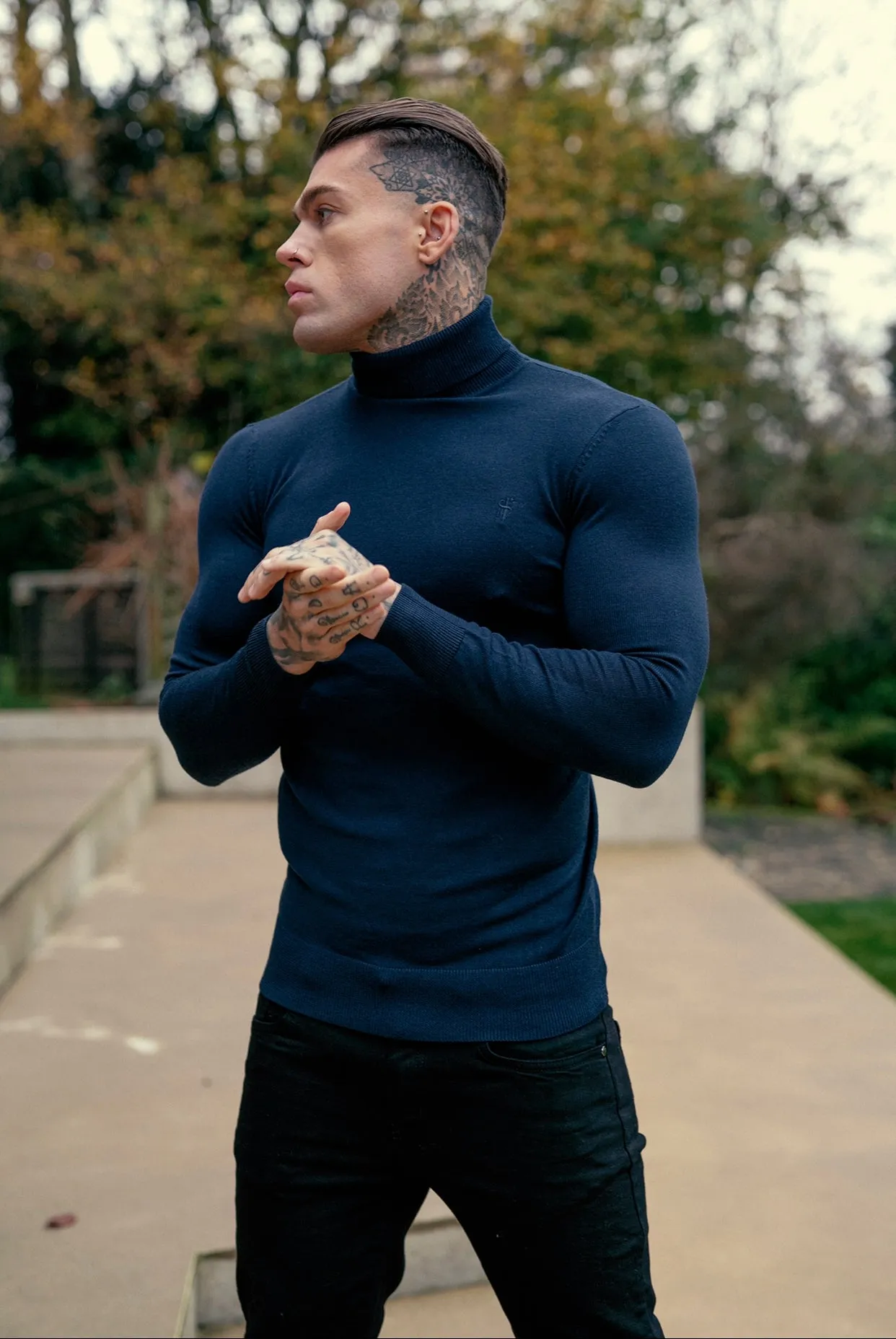 Father Sons Classic Navy Roll Neck Merino Wool Knitted Sweater With FS Embroidery - FSN011