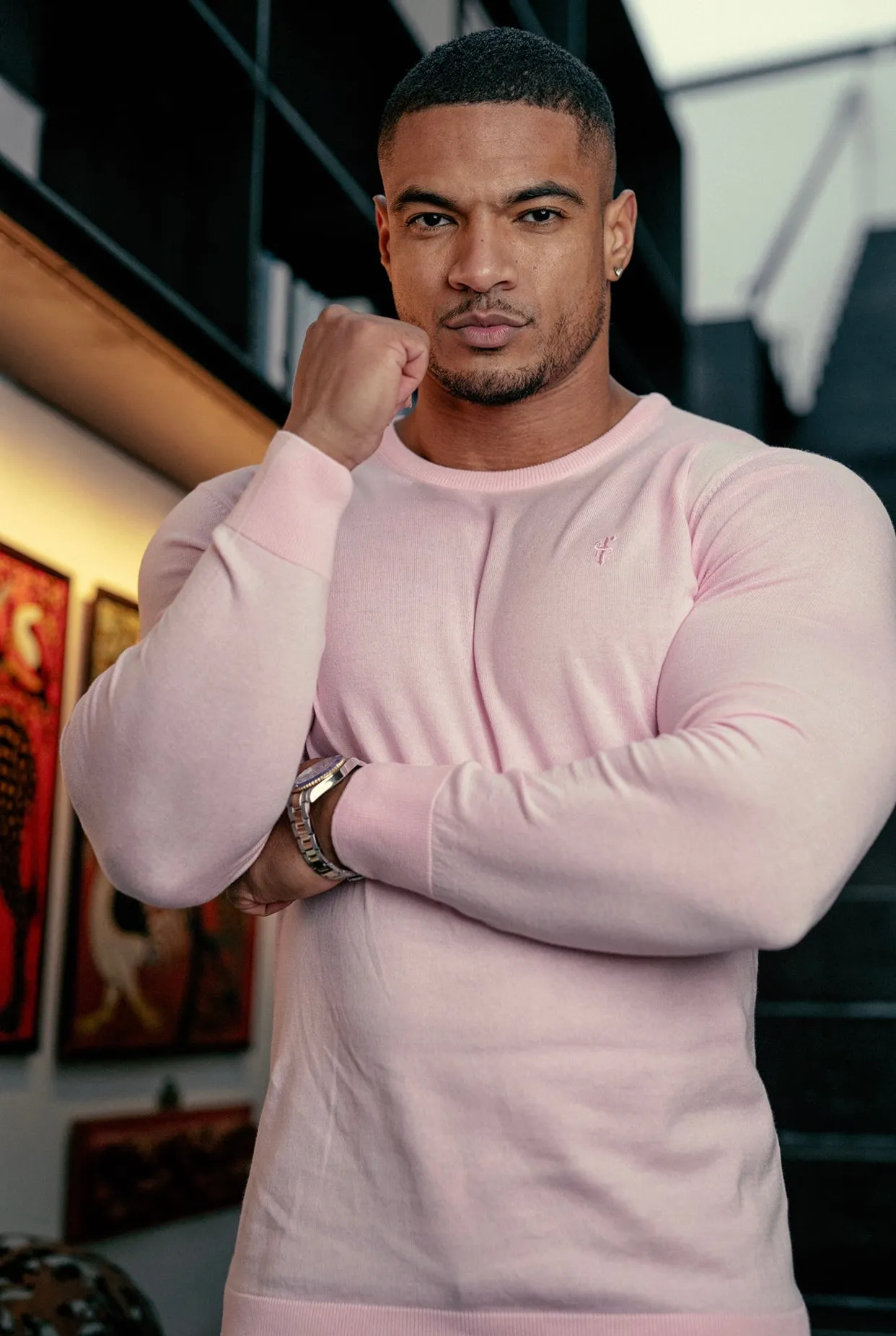 Father Sons Classic Pink Crew Neck Knitted Sweater with Tonal Emblem - FSH673