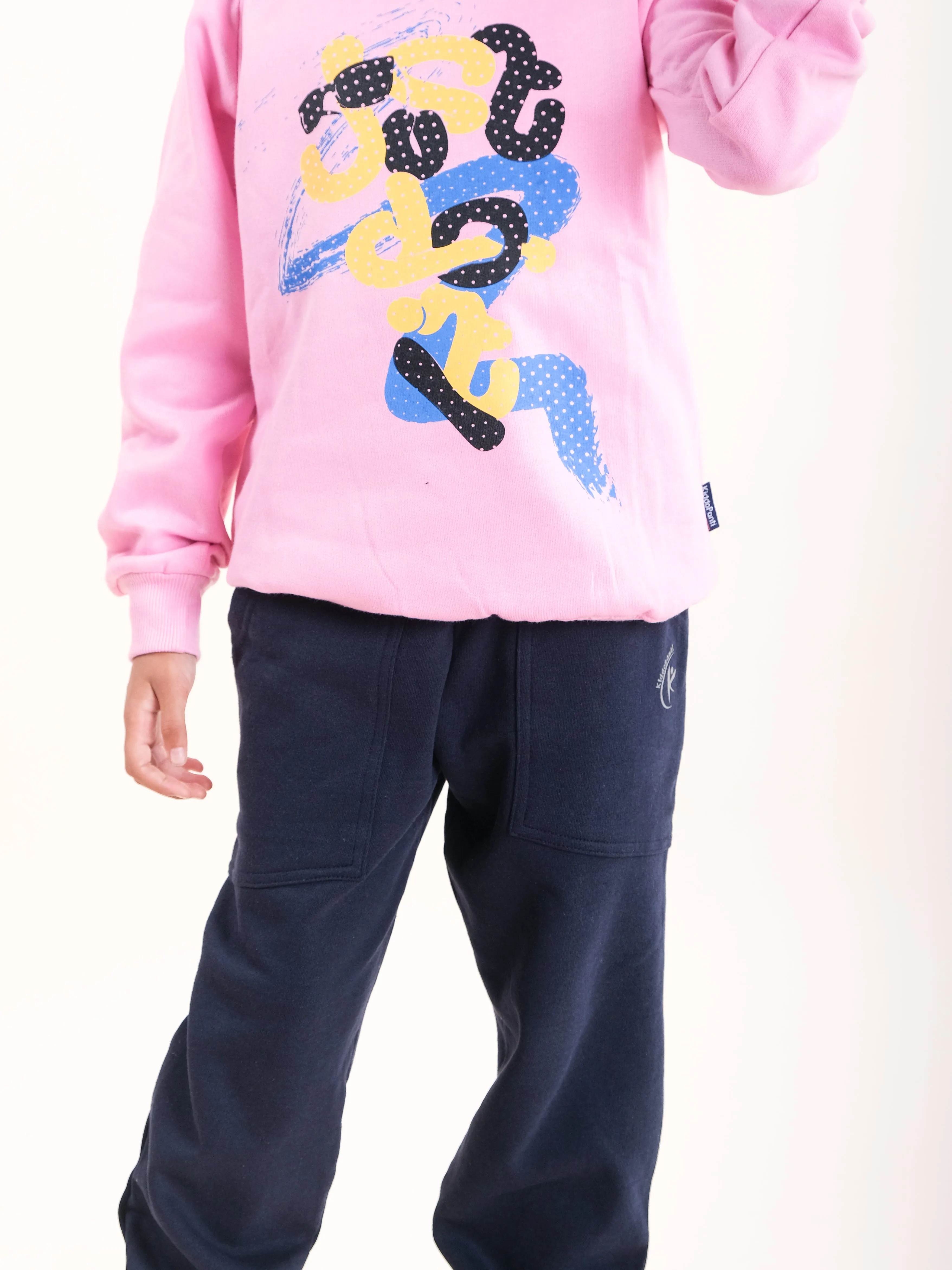 Girls Fleece Printed Round Neck Sweatshirt With Solid Track Pant Set