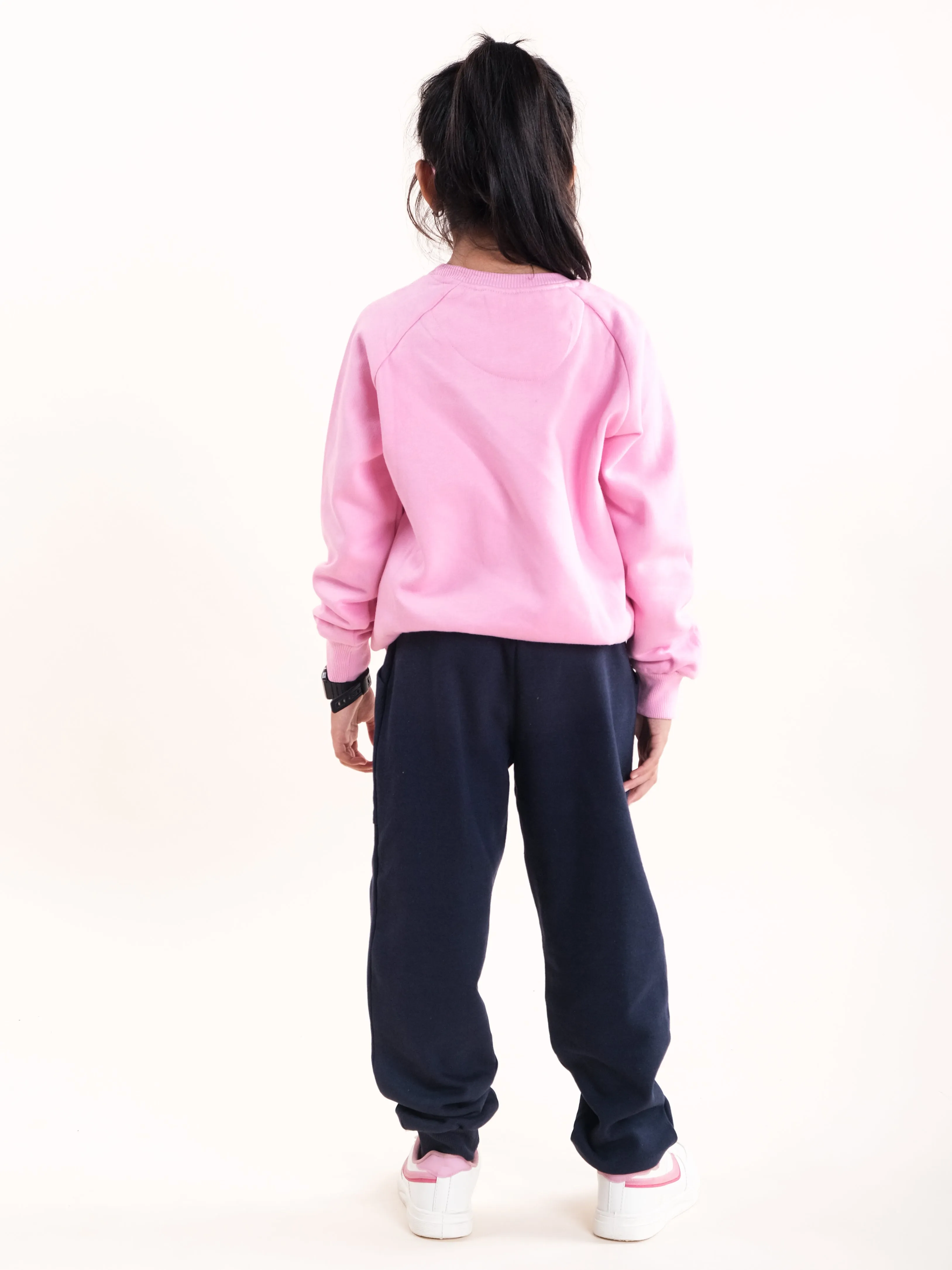 Girls Fleece Printed Round Neck Sweatshirt With Solid Track Pant Set