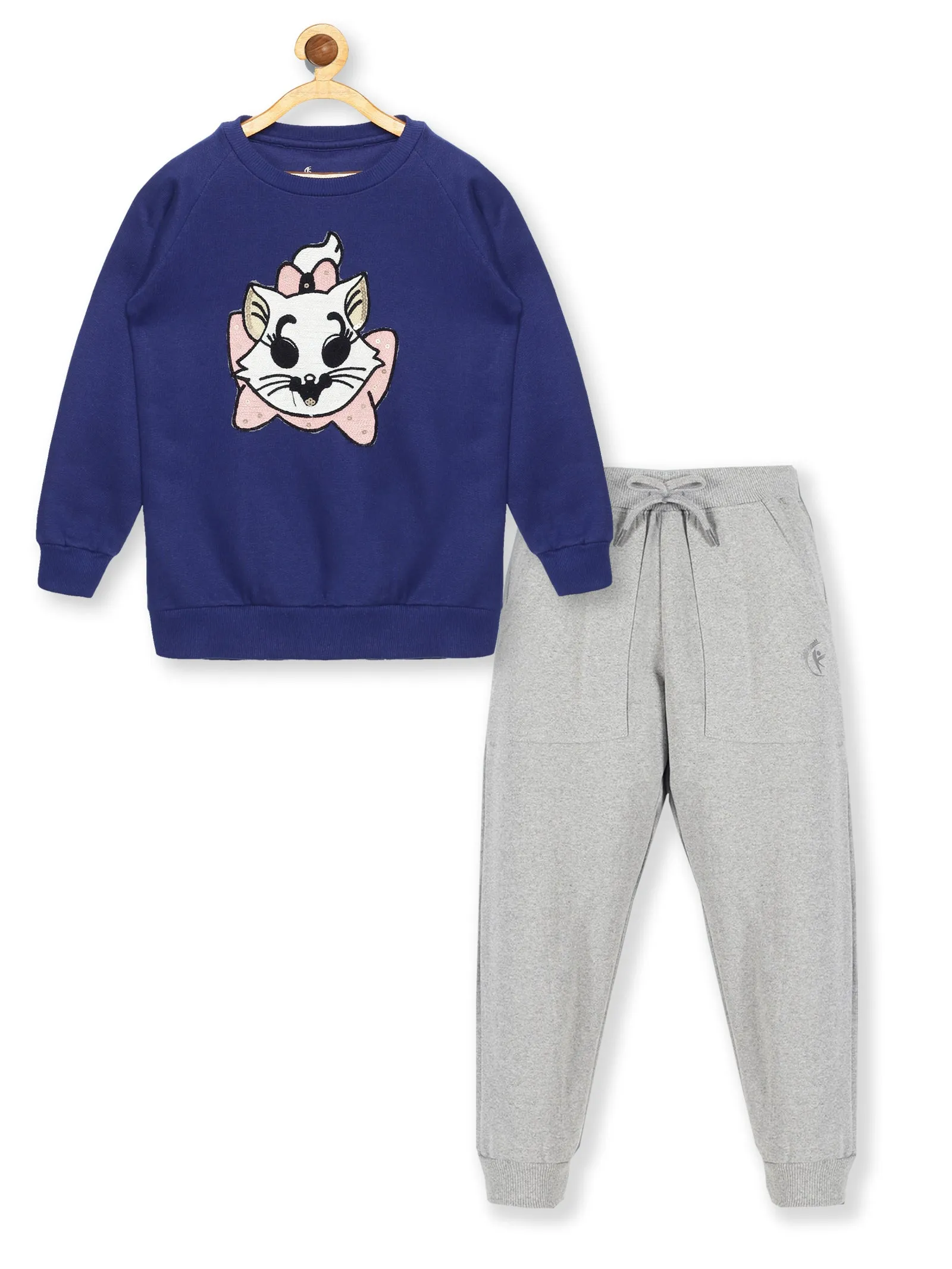 Girl's Round Neck Sweatshirt & Solid Fleece Track Pant Set