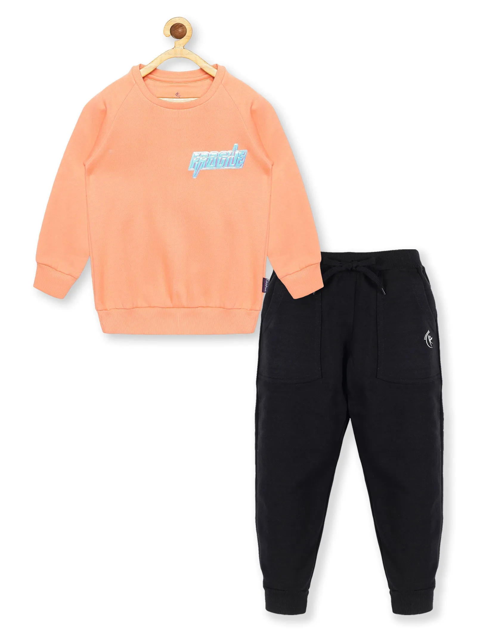 Girl's Round Neck Sweatshirt & Solid Fleece Track Pant Set