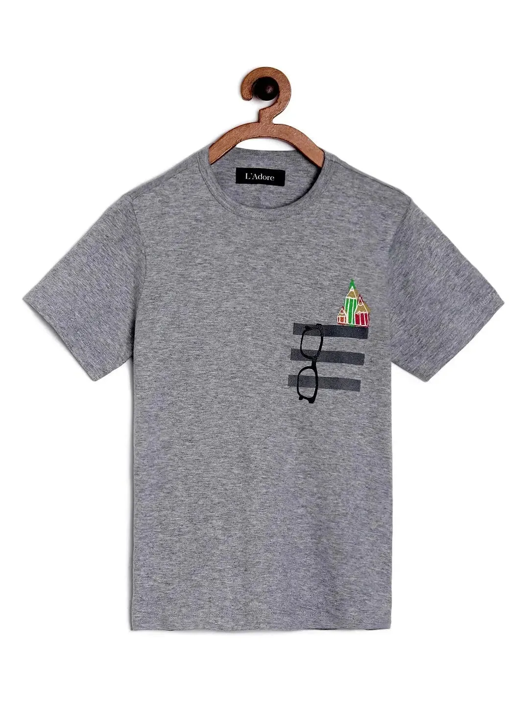 Grey Pencil and Glasses Printed Round Neck Cotton T-shirt