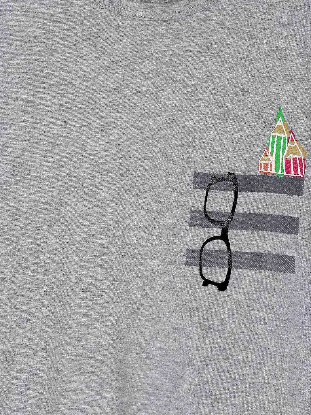 Grey Pencil and Glasses Printed Round Neck Cotton T-shirt