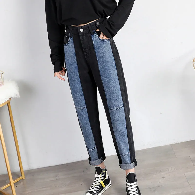 High Waist Spliced Color Ankle Length Jeans Pants