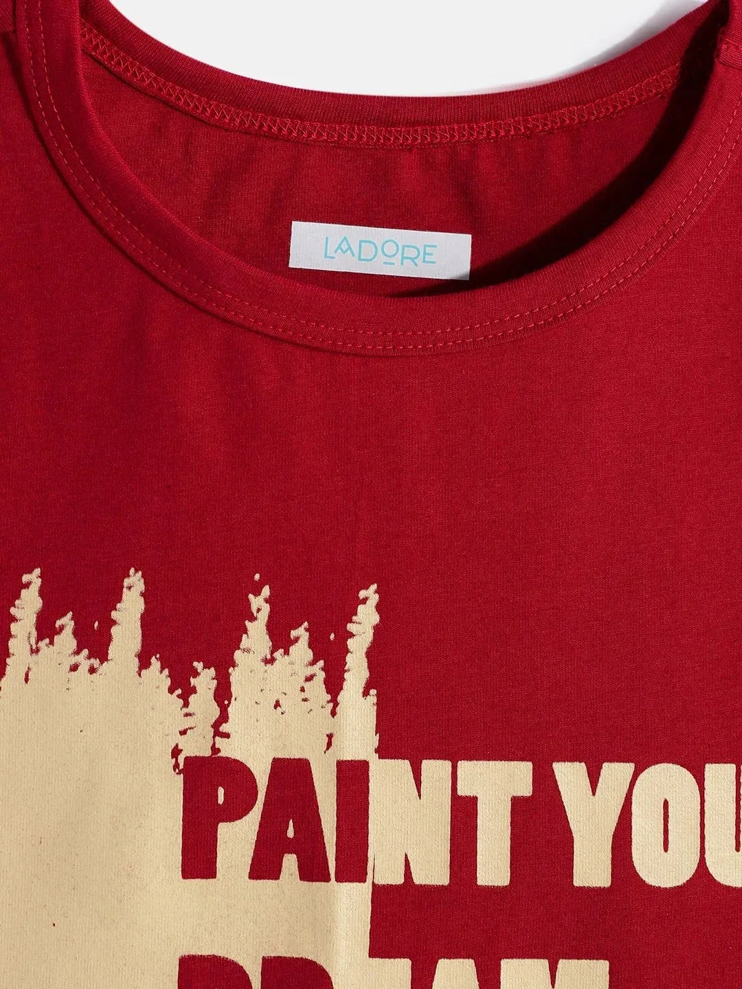 Kids Red Paint Your Dream Printed Round Neck Cotton Tshirt