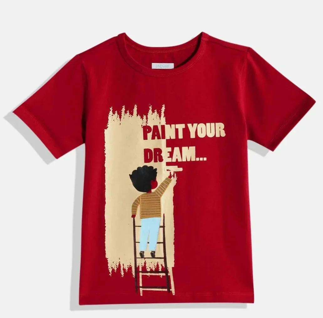 Kids Red Paint Your Dream Printed Round Neck Cotton Tshirt
