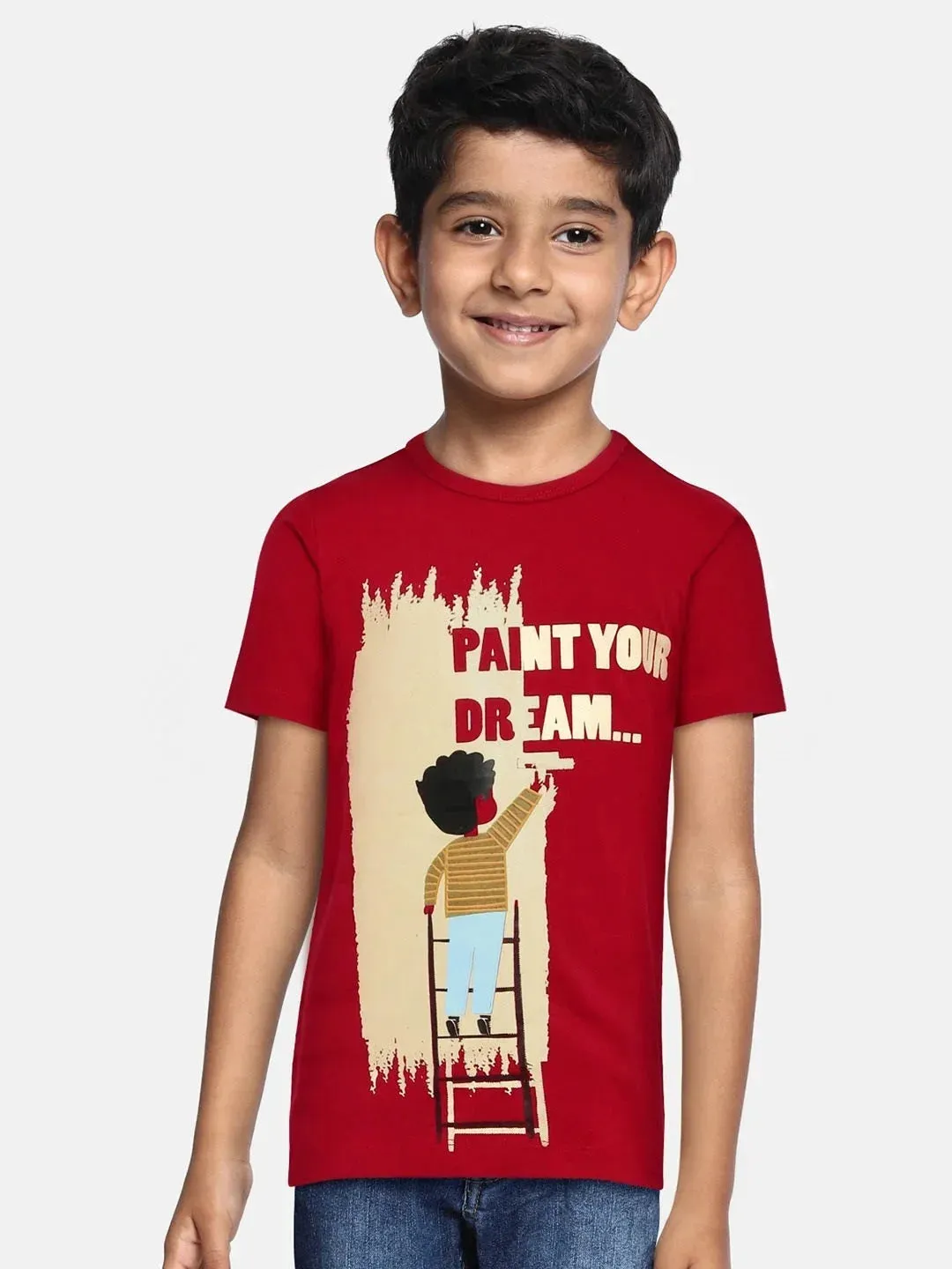 Kids Red Paint Your Dream Printed Round Neck Cotton Tshirt