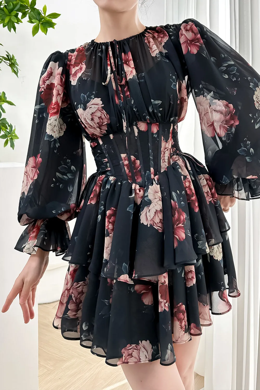 Long Sleeves Corset Black Floral Print Chiffon Tiered Mini Dress
