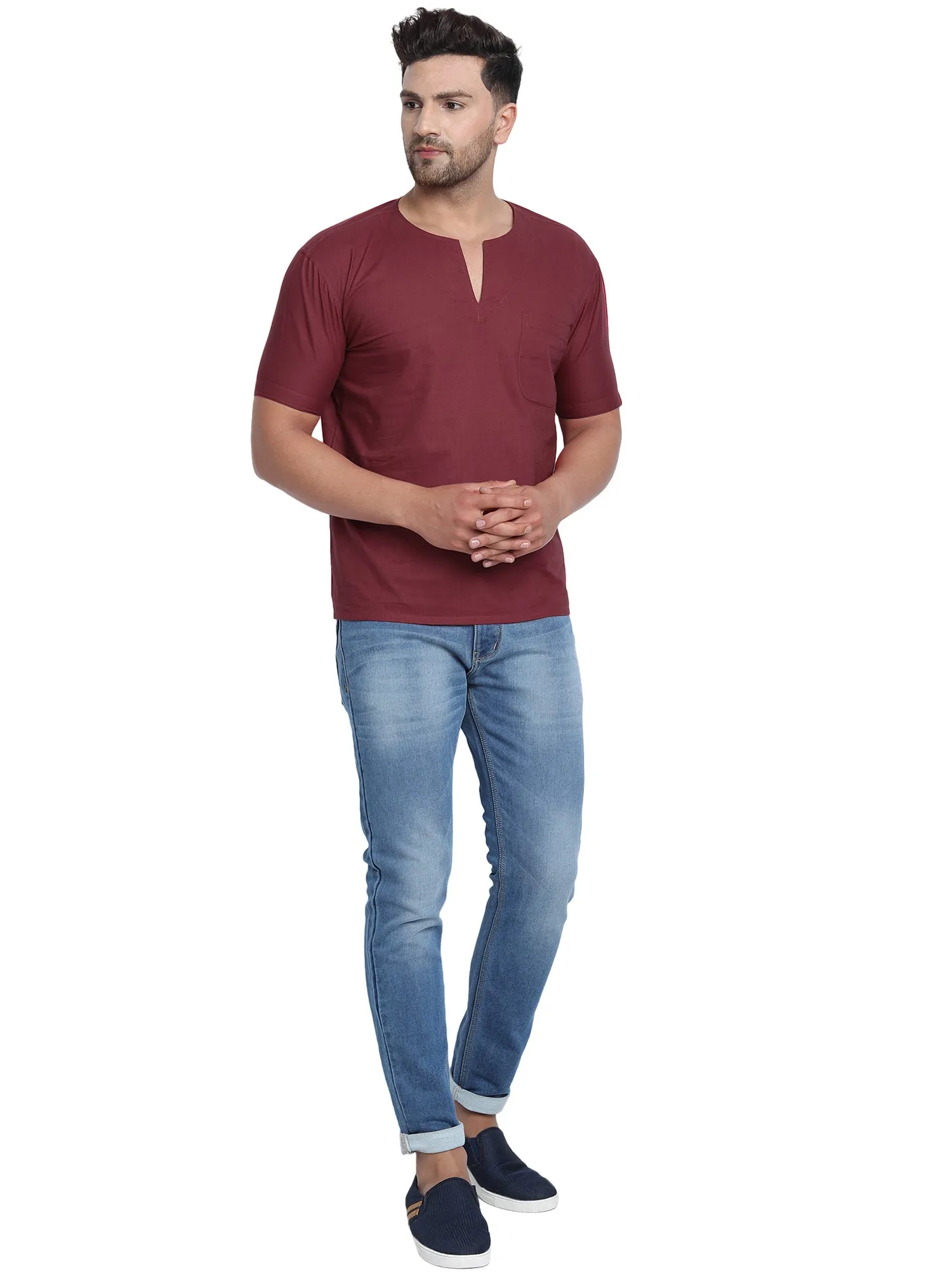 Men's Tunic V-Neck Short Regular Fit Cotton Kurta Red