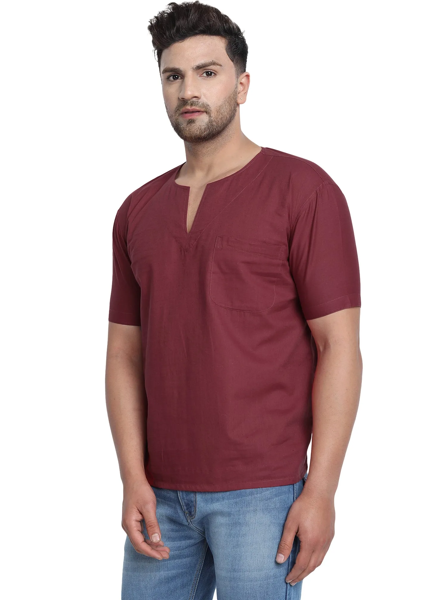 Men's Tunic V-Neck Short Regular Fit Cotton Kurta Red