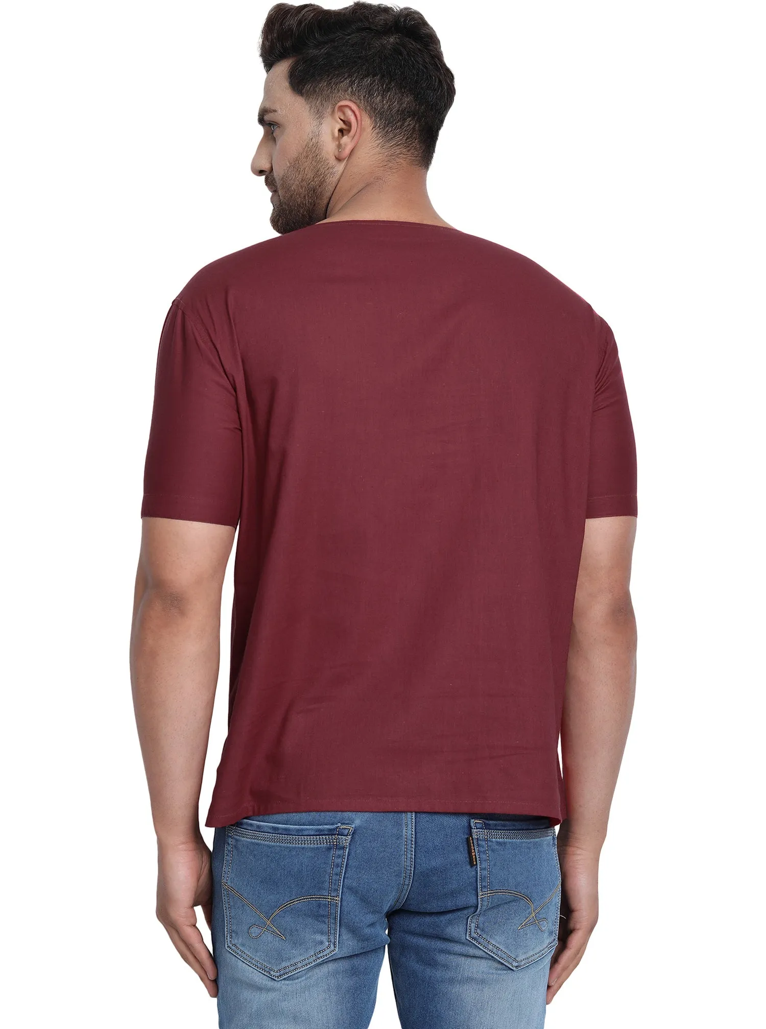 Men's Tunic V-Neck Short Regular Fit Cotton Kurta Red