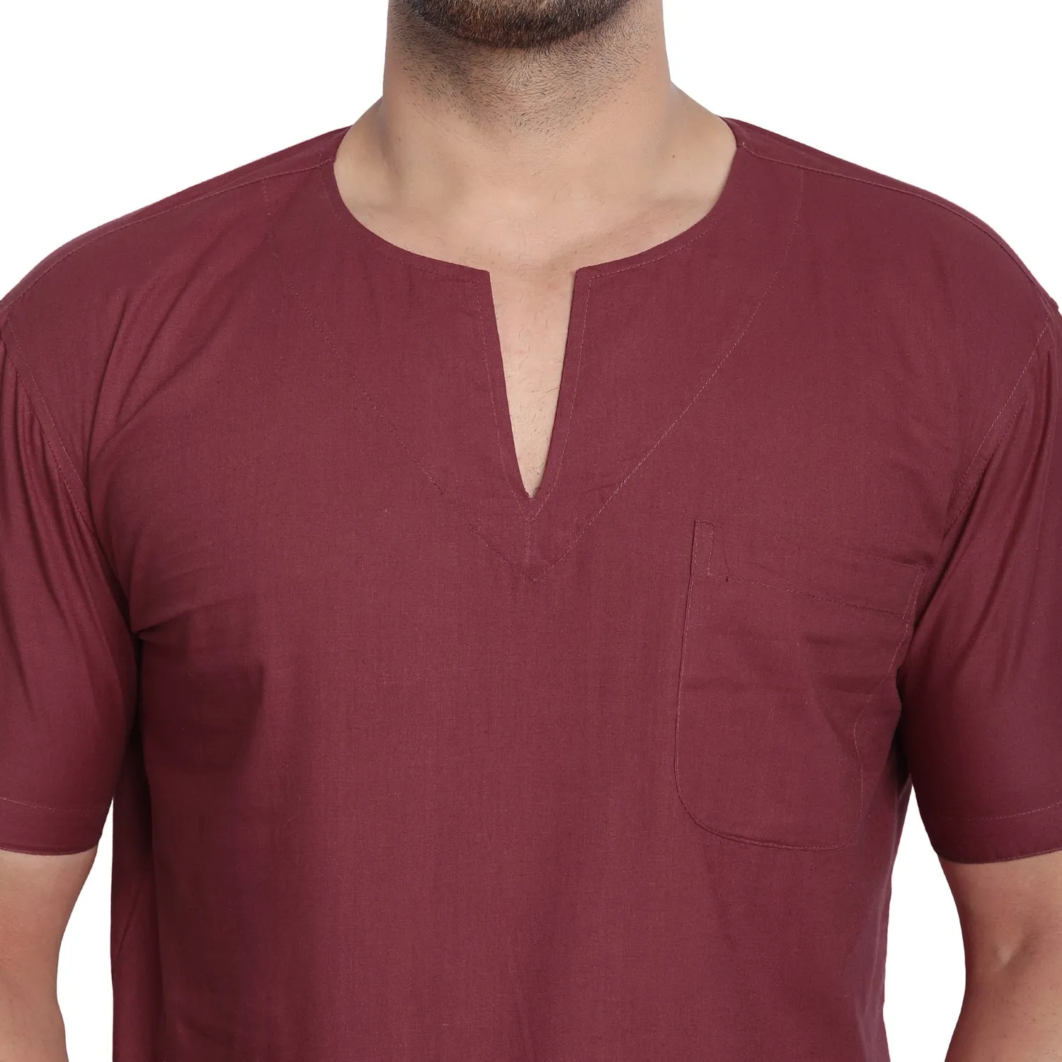 Men's Tunic V-Neck Short Regular Fit Cotton Kurta Red