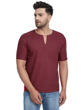 Men's Tunic V-Neck Short Regular Fit Cotton Kurta Red