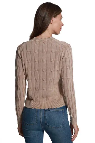 Minnie Rose Cotton Stone Wash Distressed Cable Cardigan Desert