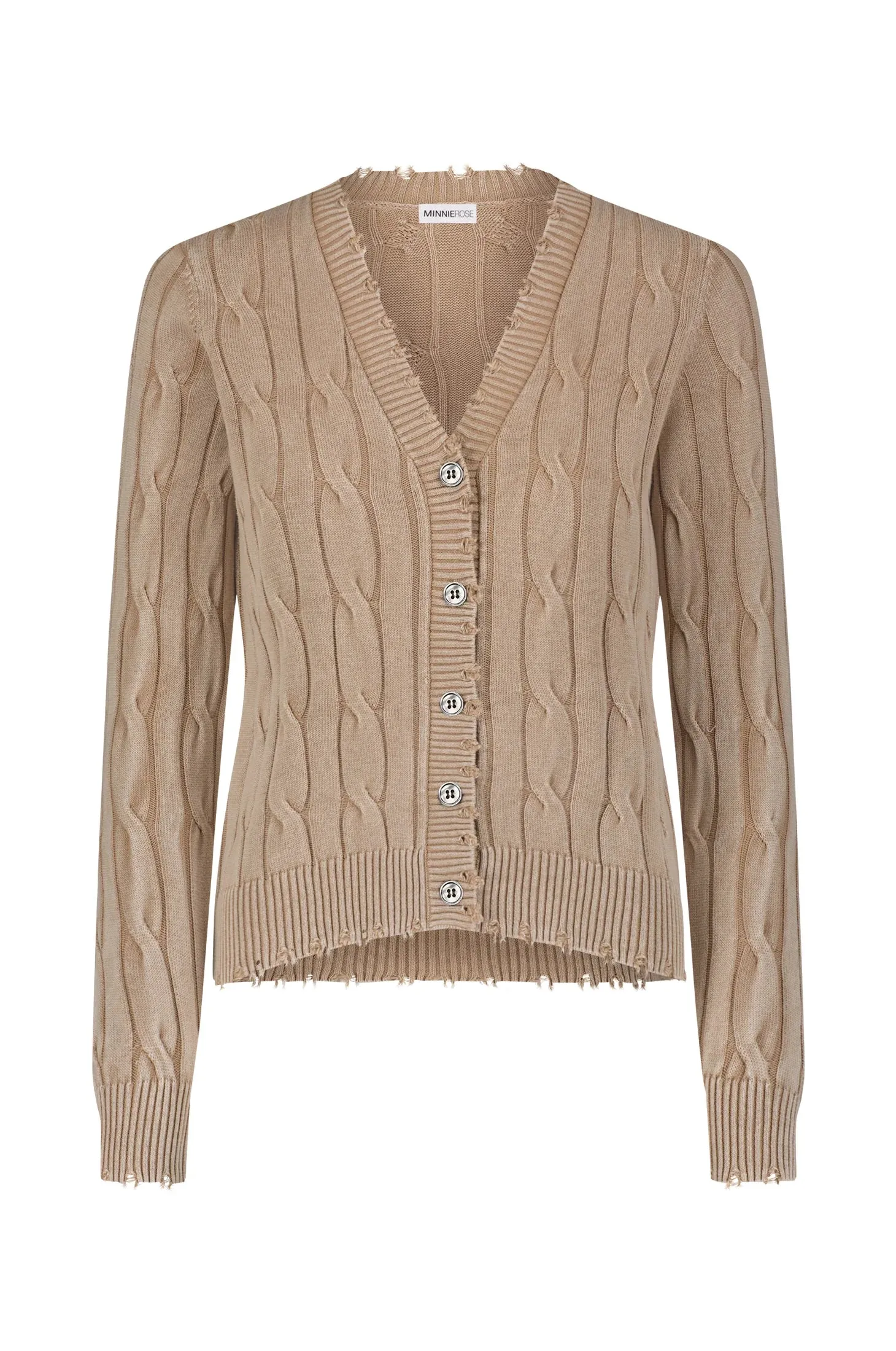 Minnie Rose Cotton Stone Wash Distressed Cable Cardigan Desert
