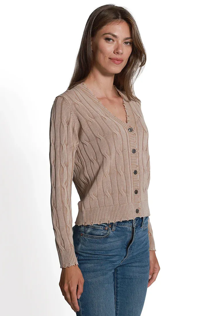 Minnie Rose Cotton Stone Wash Distressed Cable Cardigan Desert