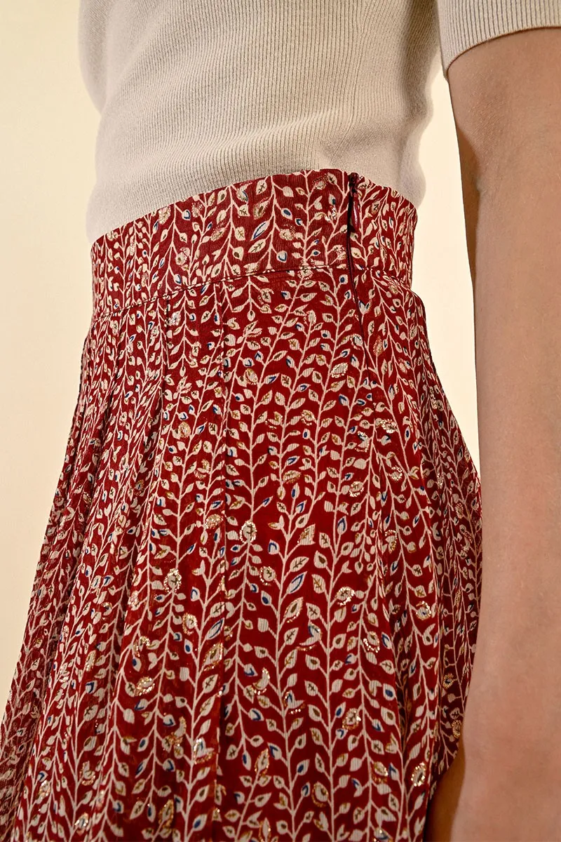 Molly Bracken Red Leaf Print Voile Midi Skirt