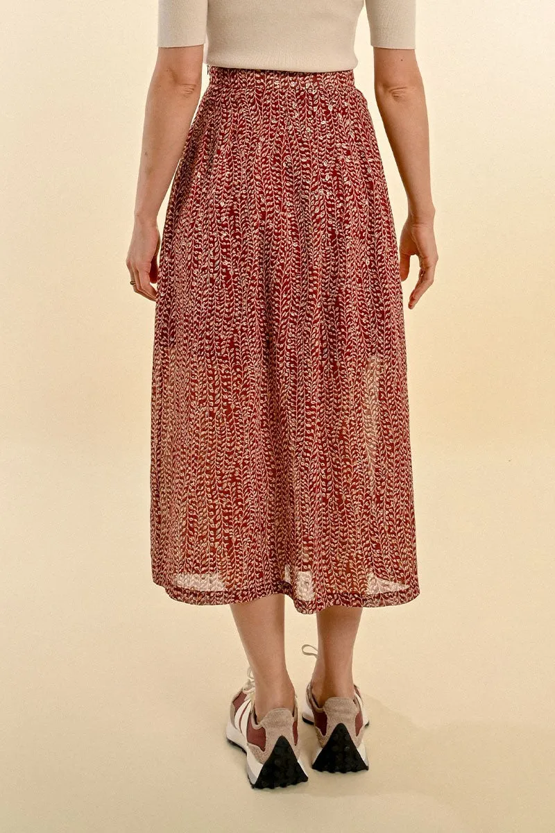 Molly Bracken Red Leaf Print Voile Midi Skirt