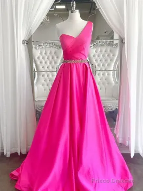 One Shoulder Hot Pink Prom Dresses, Hot Pink One Shoulder Formal Evening Dresses