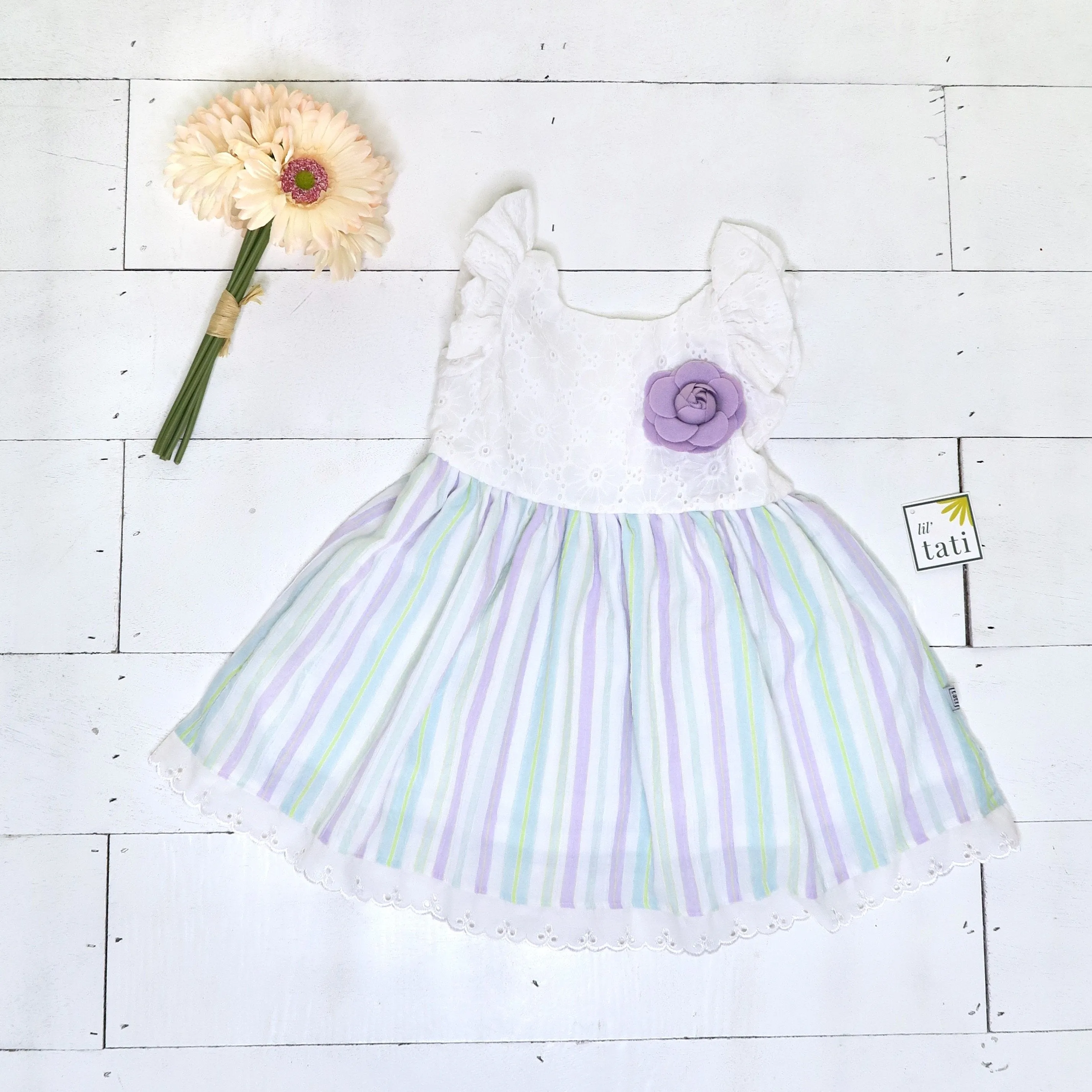 Periwinkle Dress in White Floral Embroidery Lilac Stripes