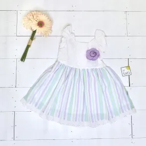 Periwinkle Dress in White Floral Embroidery Lilac Stripes