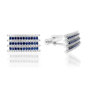 Rectangular Clear and Three Row Sapphire CZ Striped Cufflinks