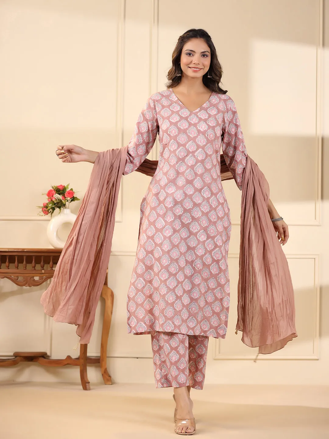 Sadabahaar Mauve Butti Handblock Printed Cotton Kurta Pant