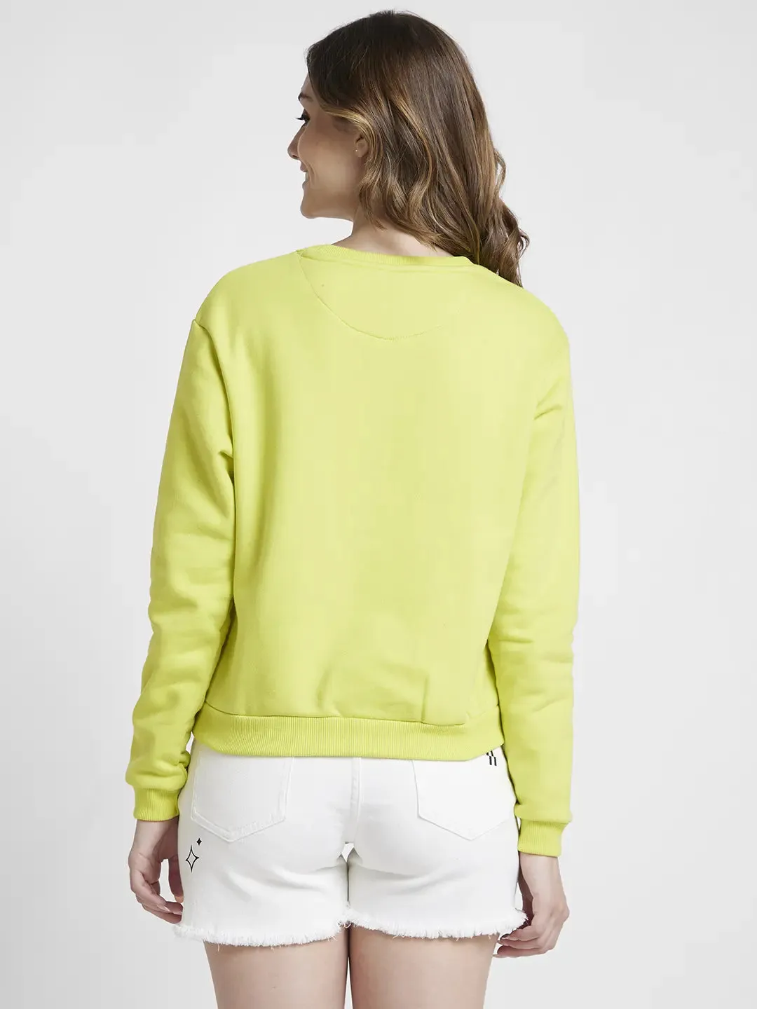 Spykar Women Bitter Lemon Blended Regular Fit Round Neck Printed Sweatshirt