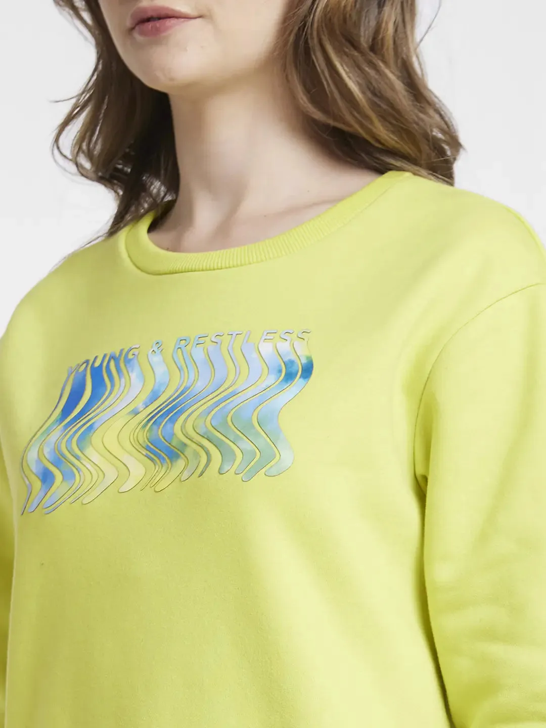 Spykar Women Bitter Lemon Blended Regular Fit Round Neck Printed Sweatshirt