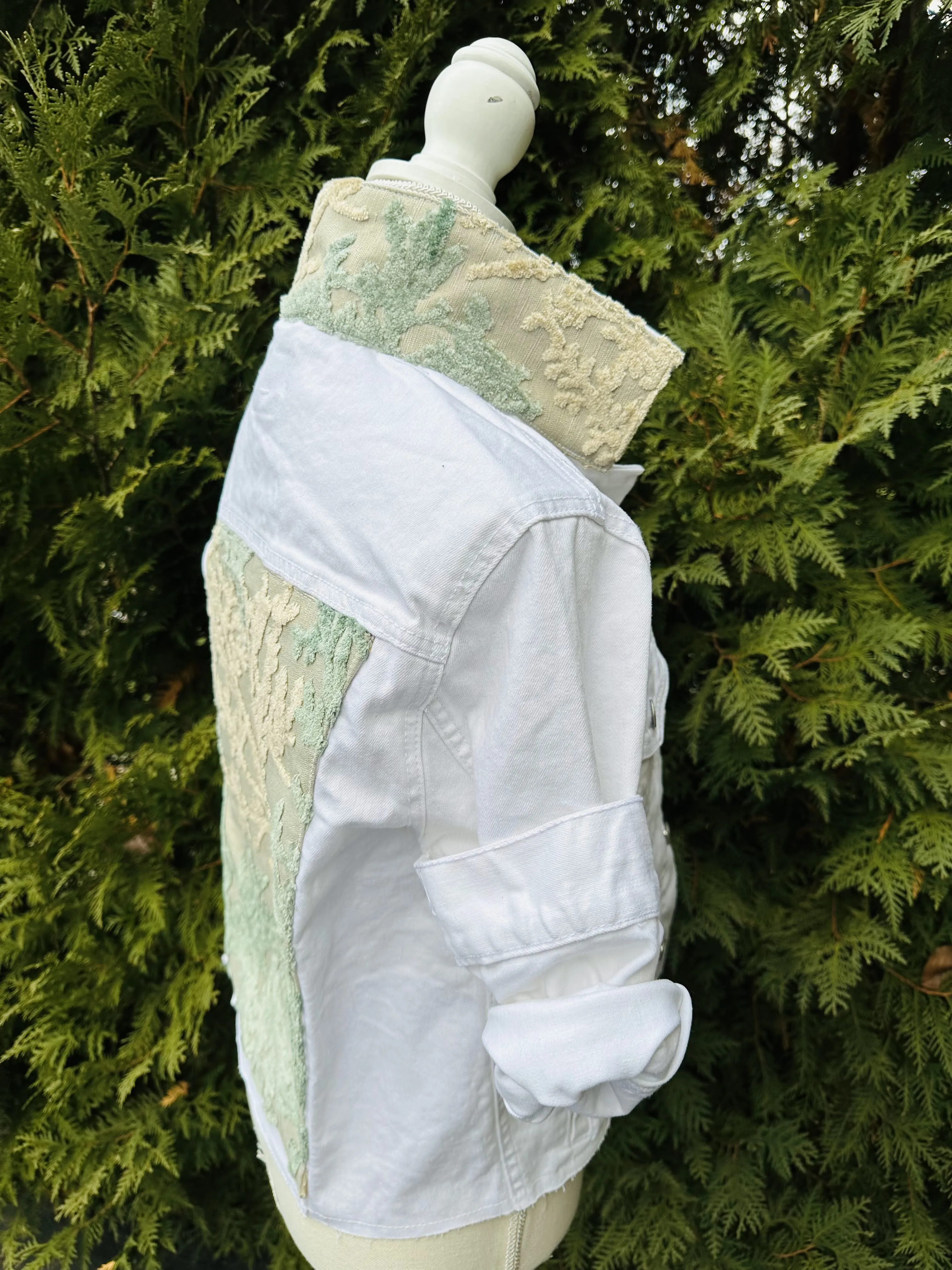 Stevie Denim Jacket - White Denim w Khaki & Sage Green Velvet (ST05)