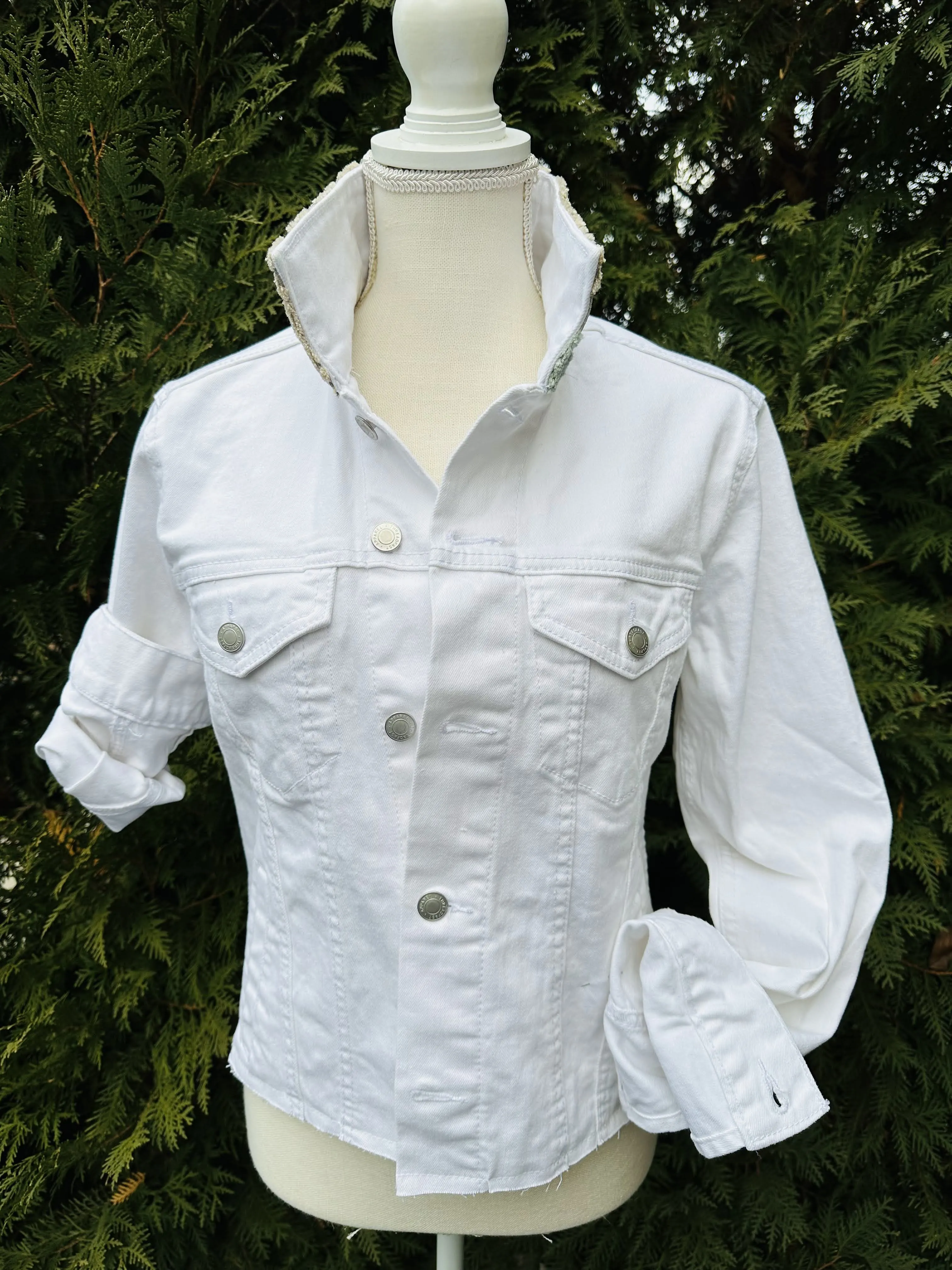 Stevie Denim Jacket - White Denim w Khaki & Sage Green Velvet (ST05)