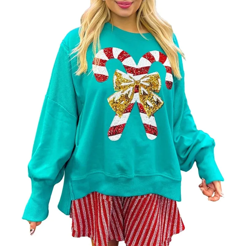 Toleet-Women Cute Sequin Sweatshirt Christmas Candy Cane Print Pullover Top Oversized Side Slit Sparkly Sweater Shirt Xmas Streetwear