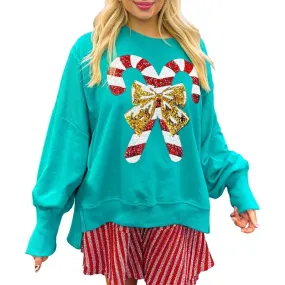 Toleet-Women Cute Sequin Sweatshirt Christmas Candy Cane Print Pullover Top Oversized Side Slit Sparkly Sweater Shirt Xmas Streetwear