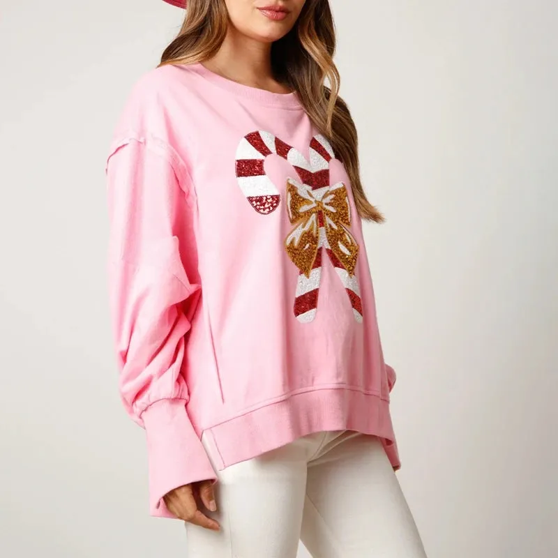 Toleet-Women Cute Sequin Sweatshirt Christmas Candy Cane Print Pullover Top Oversized Side Slit Sparkly Sweater Shirt Xmas Streetwear