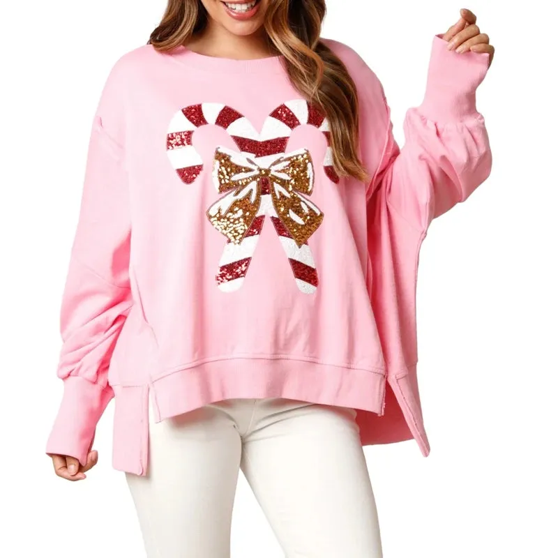 Toleet-Women Cute Sequin Sweatshirt Christmas Candy Cane Print Pullover Top Oversized Side Slit Sparkly Sweater Shirt Xmas Streetwear