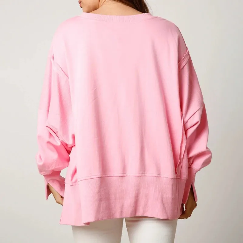Toleet-Women Cute Sequin Sweatshirt Christmas Candy Cane Print Pullover Top Oversized Side Slit Sparkly Sweater Shirt Xmas Streetwear