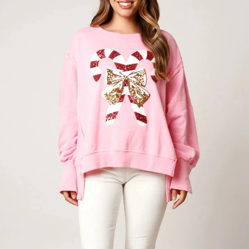 Toleet-Women Cute Sequin Sweatshirt Christmas Candy Cane Print Pullover Top Oversized Side Slit Sparkly Sweater Shirt Xmas Streetwear