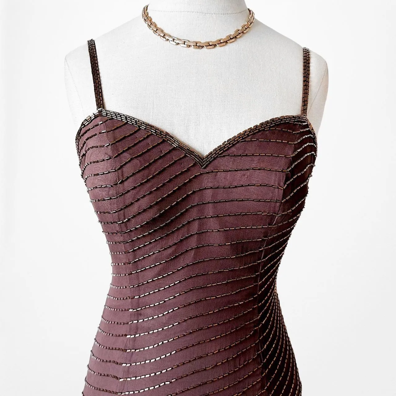 Vintage Brown Beaded Silk Knee Length Thigh High Side Slit Bodycon Dress Size XS