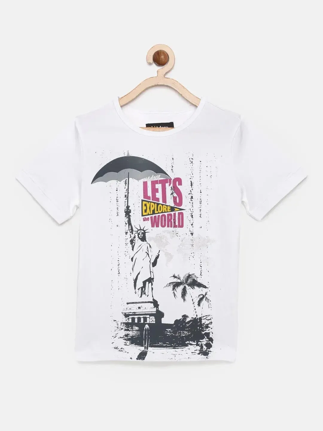 White Explore The World Printed Round Neck Cotton T-shirt