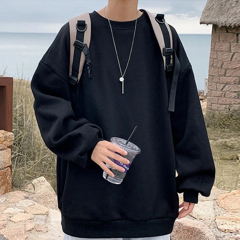 WIAOFELLAS  -  Streetwear Oversize Sweatshirts Casual Spring Solid Long Sleeve Tops Tee For Man Fashion Loose O-Neck Simple Shirts Men Clothing