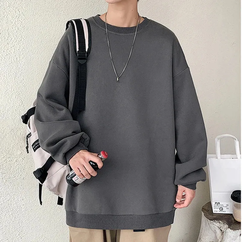 WIAOFELLAS  -  Streetwear Oversize Sweatshirts Casual Spring Solid Long Sleeve Tops Tee For Man Fashion Loose O-Neck Simple Shirts Men Clothing
