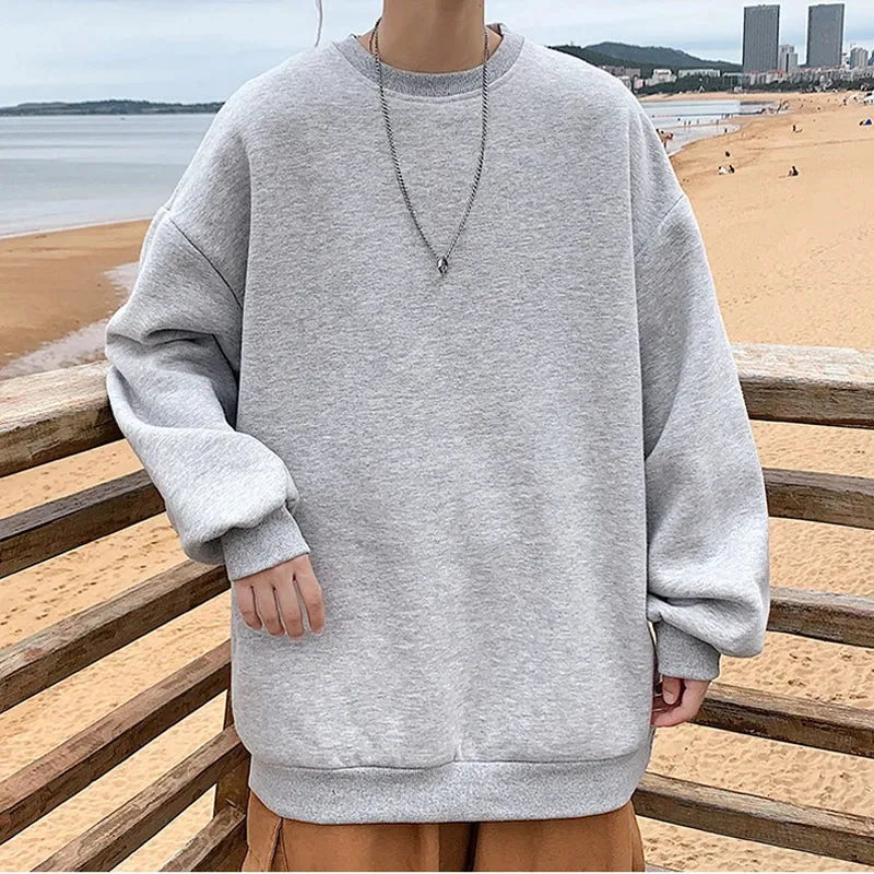 WIAOFELLAS  -  Streetwear Oversize Sweatshirts Casual Spring Solid Long Sleeve Tops Tee For Man Fashion Loose O-Neck Simple Shirts Men Clothing