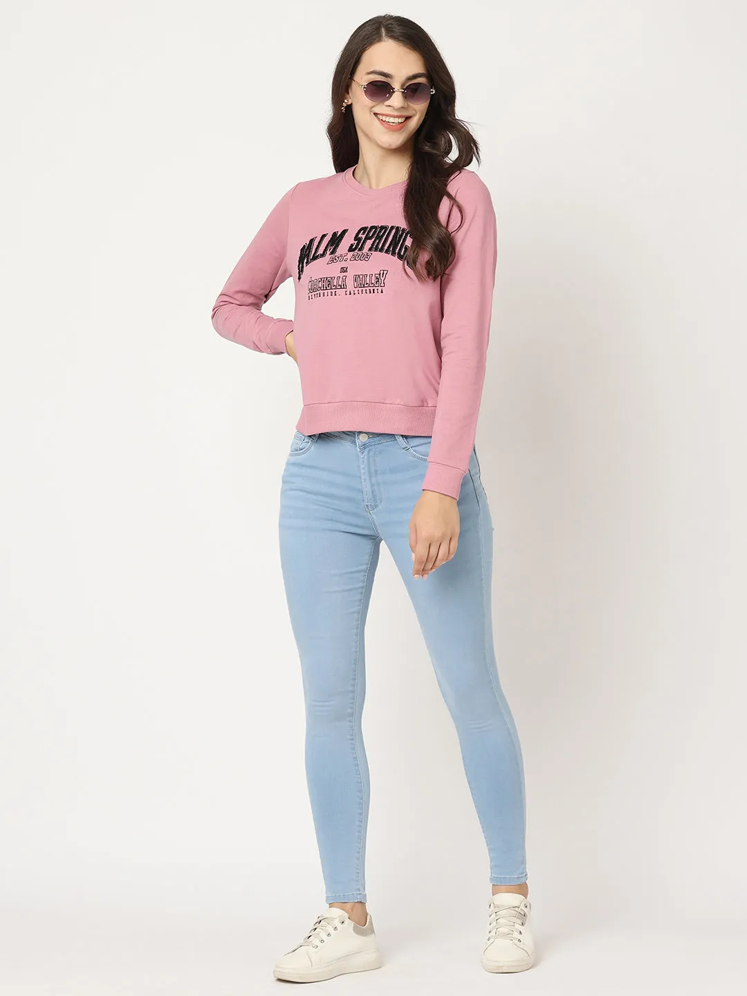 Women Slim Fit Dusty Pink Printed Sweatshirt